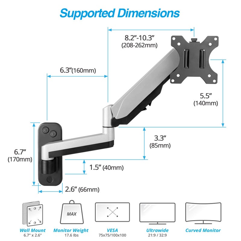 AVLT Single Extended 13"-32" Wall Mount - Curved/ Flat Monitor, Full Motion Height Swivel Tilt Rotation Adjustable Arm - VESA/Cable Management - Image 2